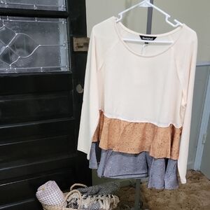 #02 Davi&Dani NWT Women's Cream and Brown Layered Long Sleeve Knit Top Size 1XL